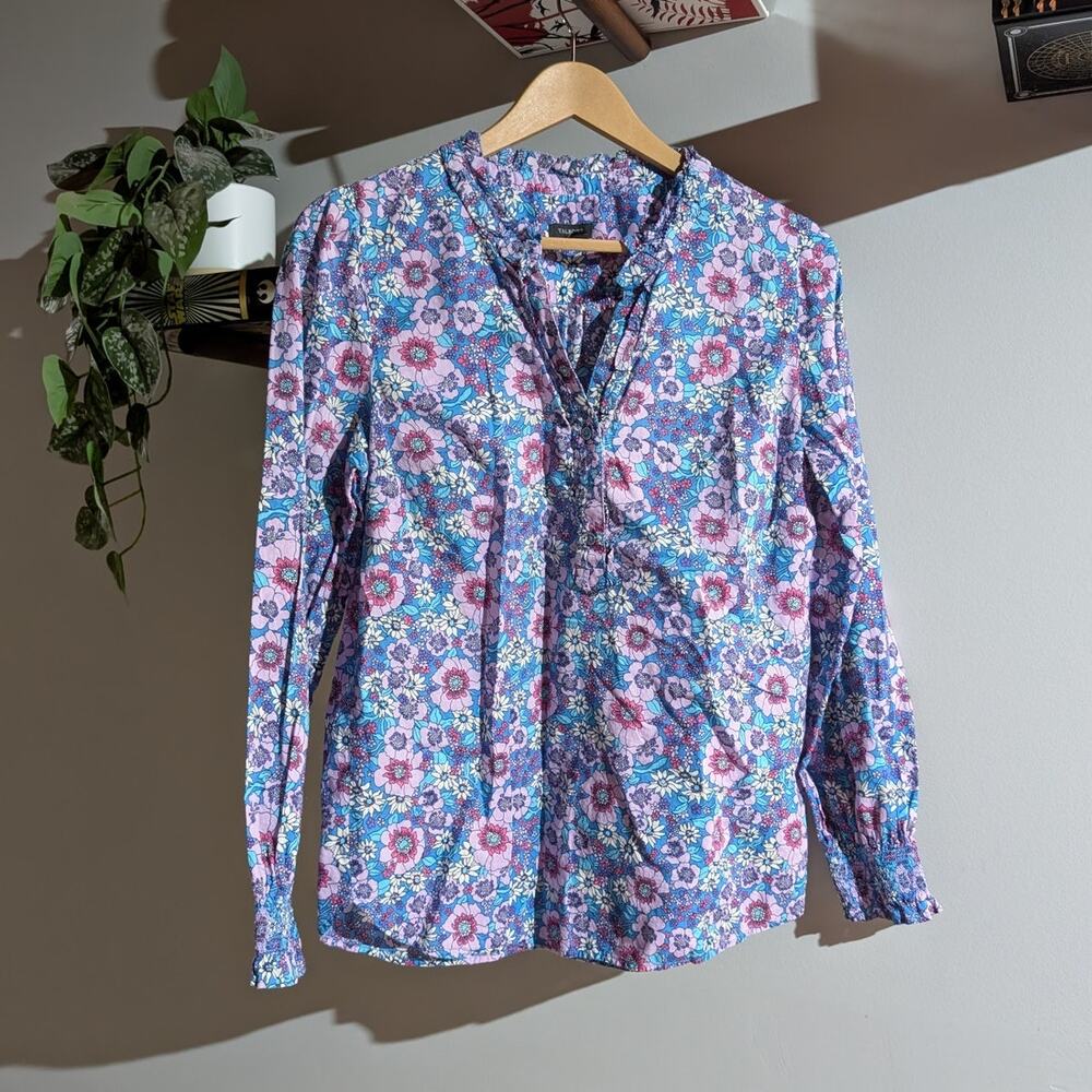 Talbots | Blue Purple Floral 100% Cotton Henley Button Ruffle Blouse | Medium